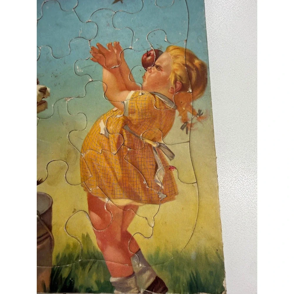 Vintage Mid Century Tray Puzzle Children Dog Picking Apples Cardboard Frame